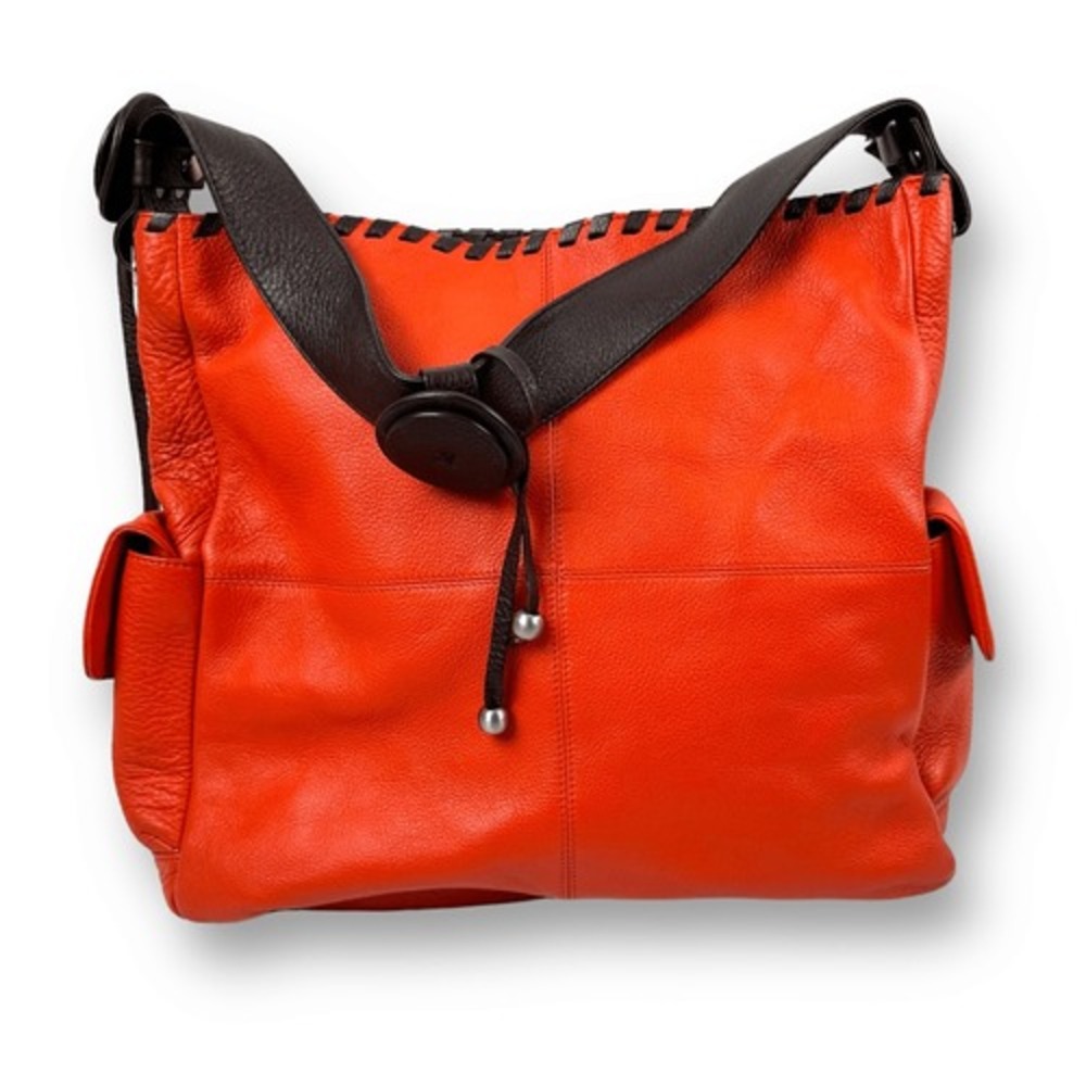ILI New York Orange Pebbled Leather Whipstitch Hobo Shoulder Bag Brown Trim